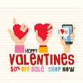 Happy ValentineÃ¢â¬â¢s day sale. Hand with smartphone and finger sign love , 50% off sale title.